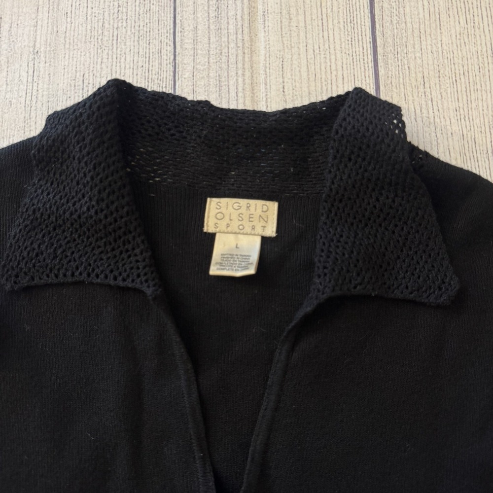 Sigrid Olsen Sport Black Mesh Trim Button Front Knit Cardigan Sweater Large - Picture 4 of 10